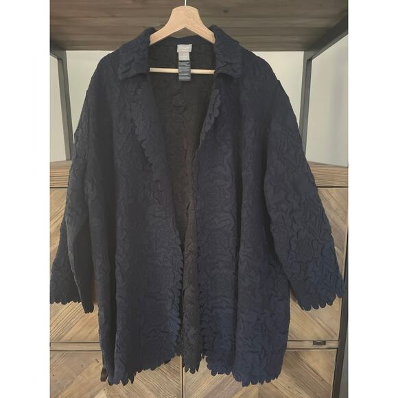 Chico’s Travelers Navy Blue Textured Floral Cardigan Jacket Sz 3 (US 16/18) - Picture 1 of 8